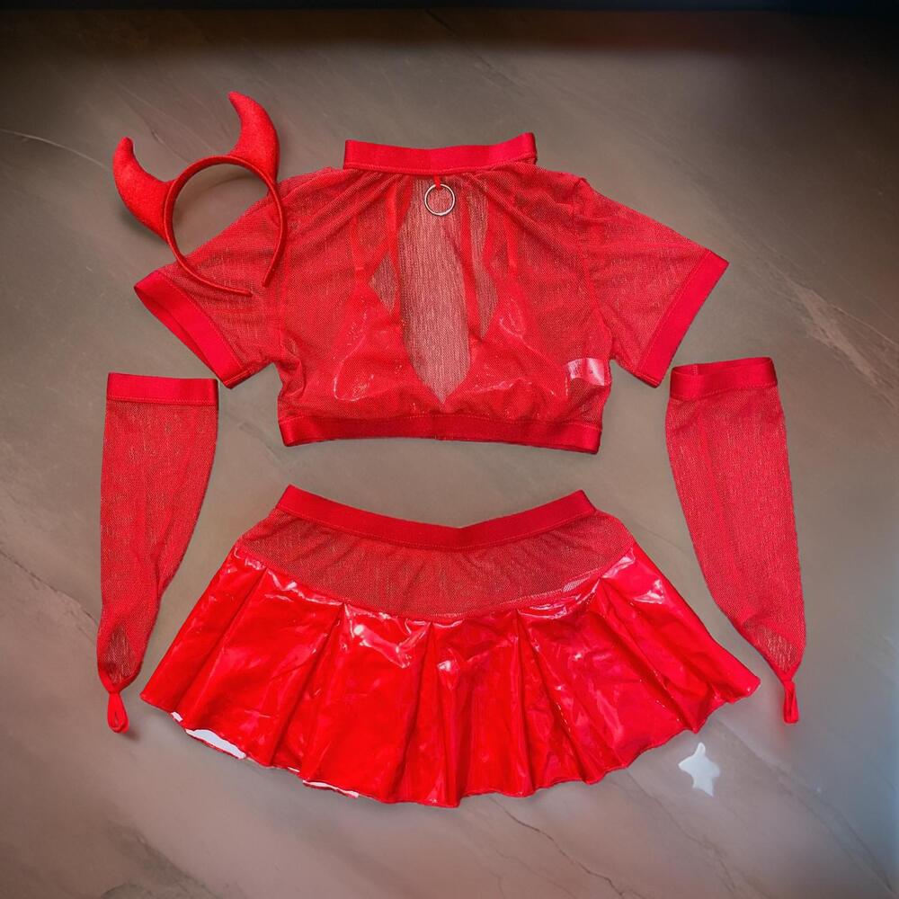 New Large Skirt Set Devil Halloween Costume Mesh Vegan Leather Latex Red Props